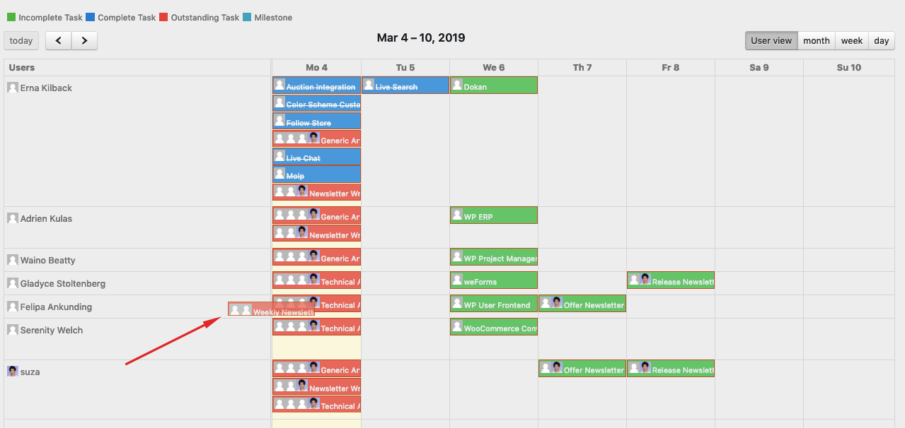 Assign tasks in user view by dragging and dropping