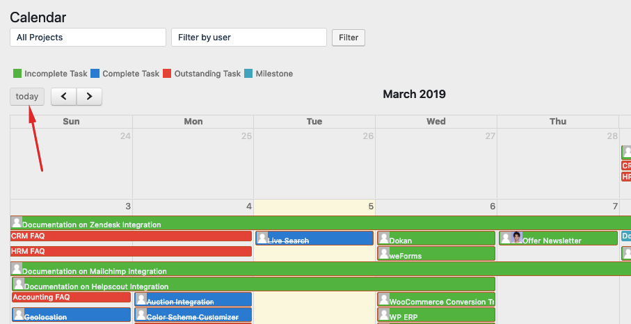 Today's view in WP Project Manager