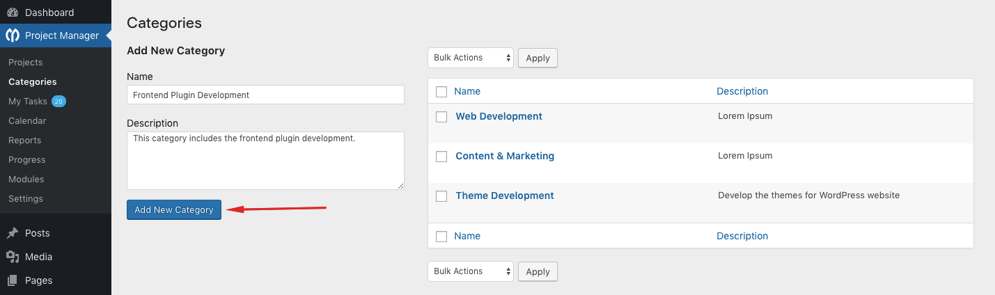 Add category names to WP Project Manager