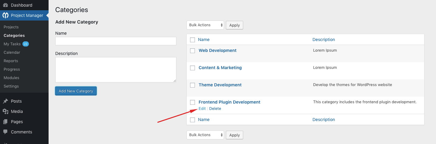 Edit project categories in WP Project Manager