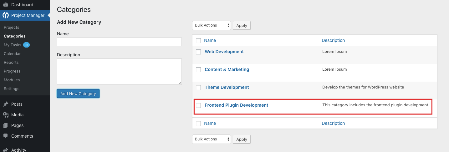 Add new project category in WP Project Manager