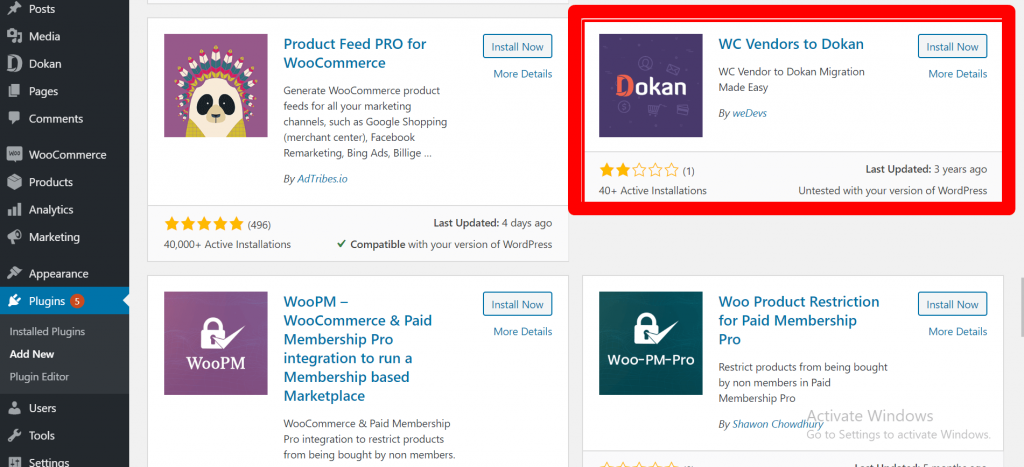 this is a screenshot of activate dokan to wc vendor migrator