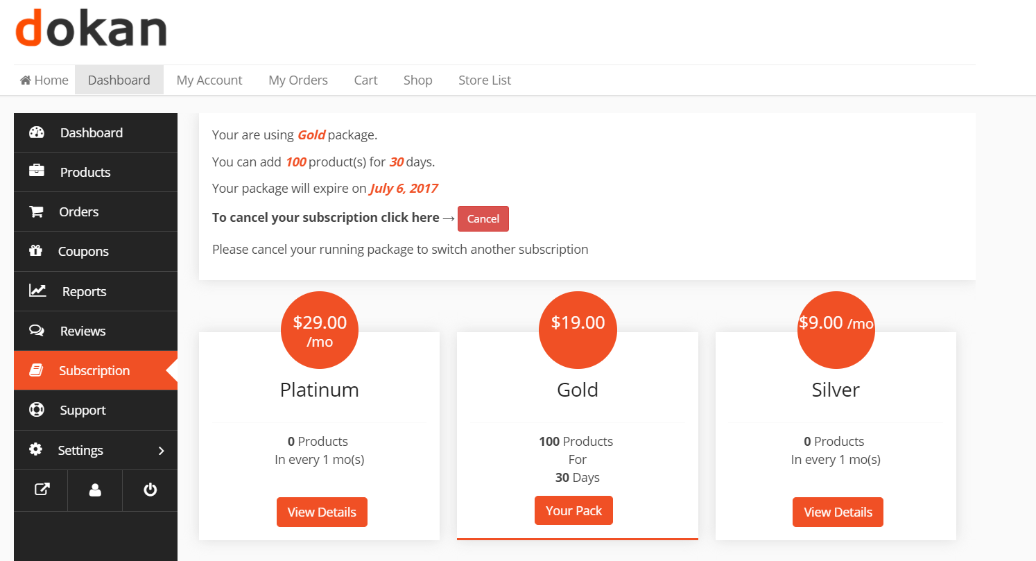 A screenshot of new subscription pack design in Dokan multivendor