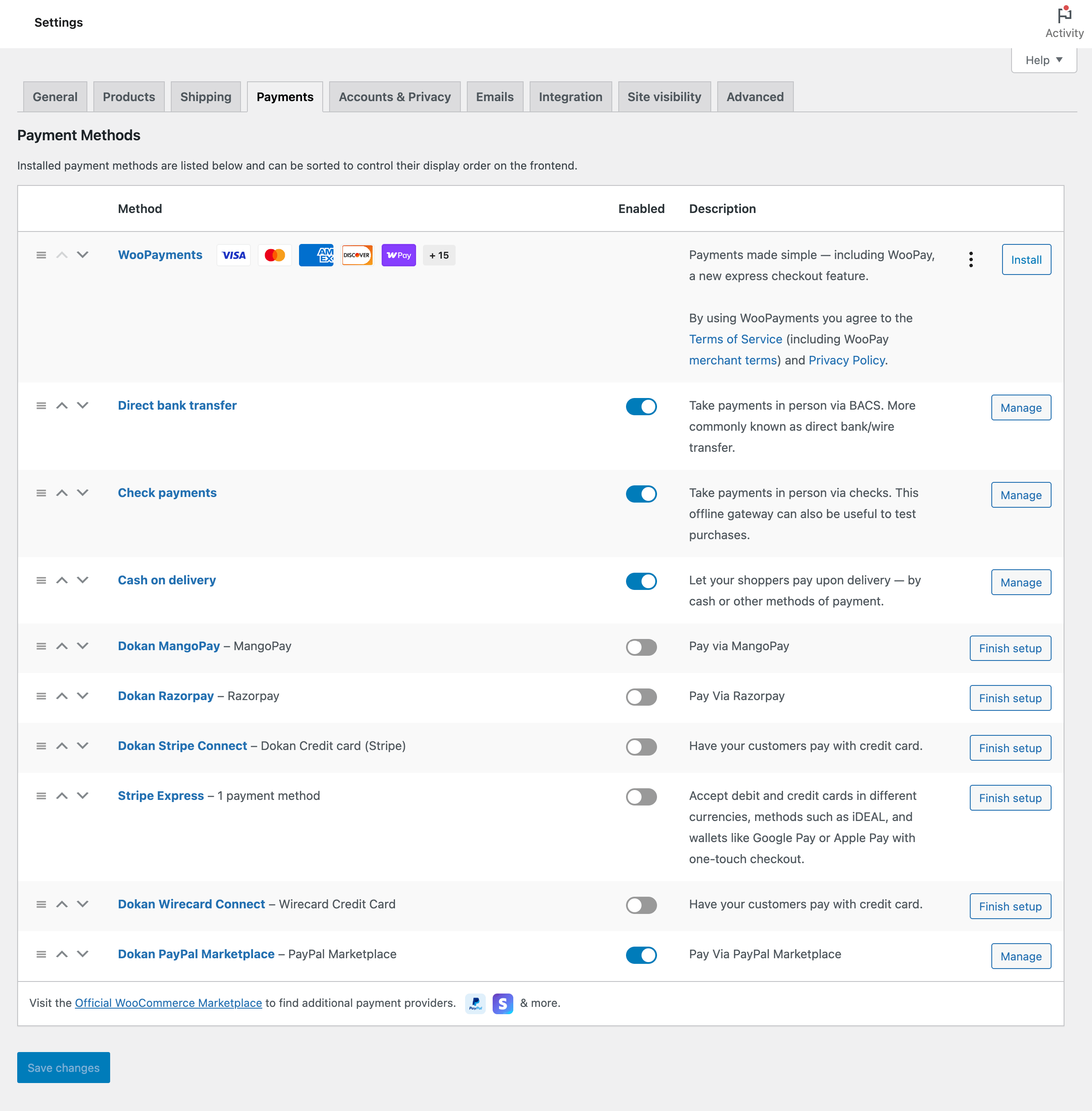 This is a screenshot of dokan payments