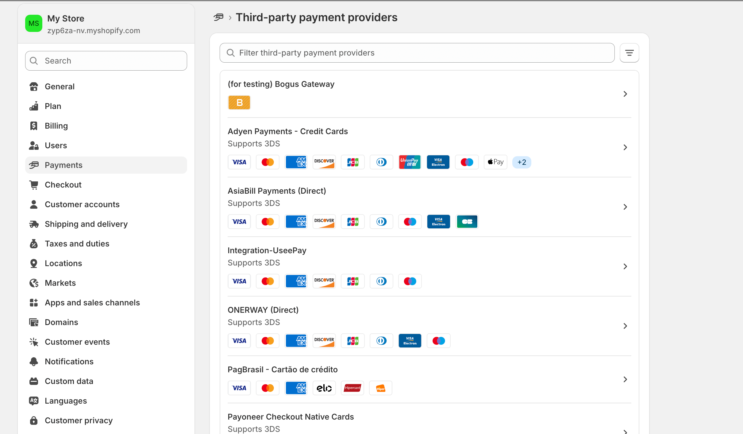 This is a screenshot of shopify payments