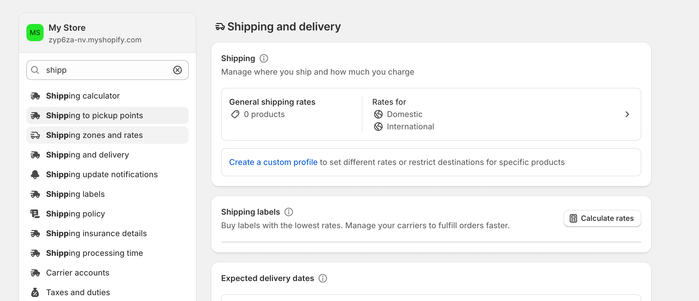 This is a screenshot of shopify shipping