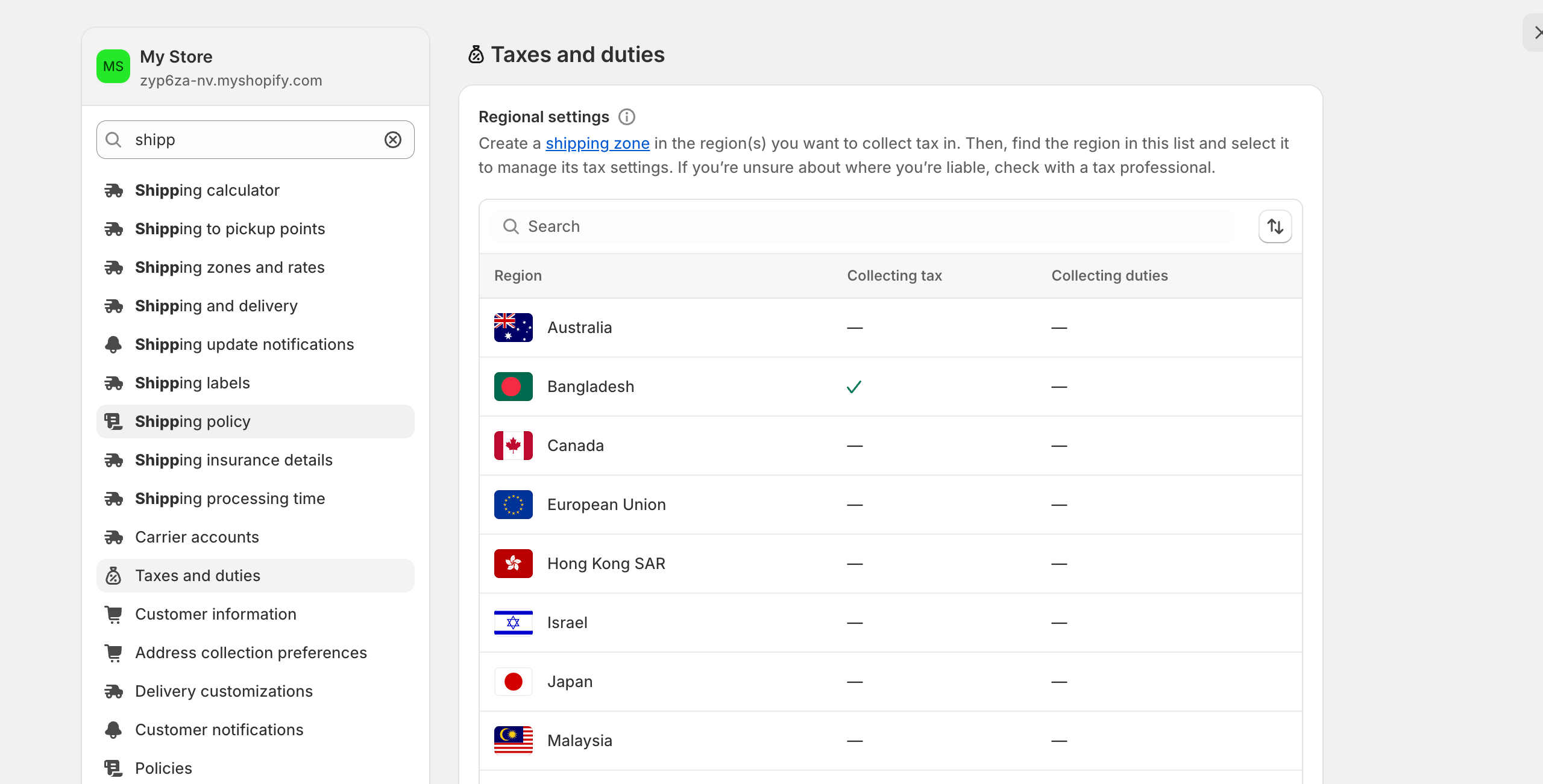 This is a screenshot of taxes of shopify