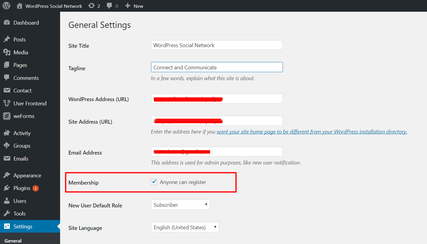 This is a screenshot of the memberhsip settings of WordPress Social Networking Site using BuddyPress