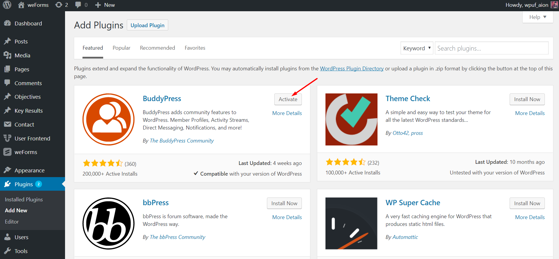 This is a screenshot of activating buddypress from wordpress dashboard