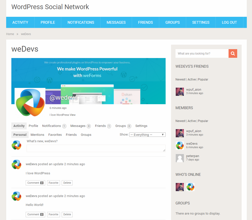 This is a screenshot of WordPress Social Networking Site