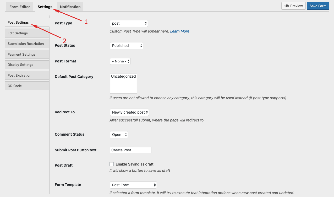 Customize Post Form Settings