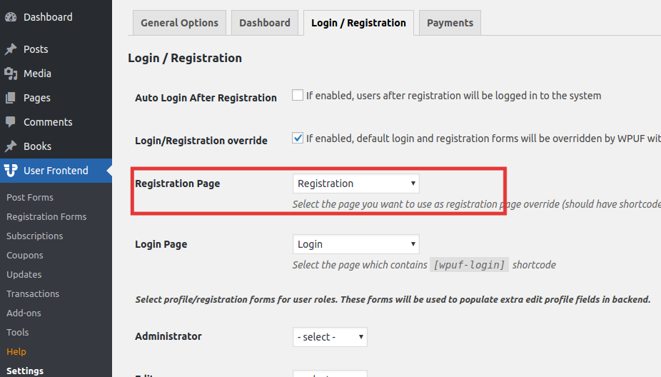 Enabling registration form page