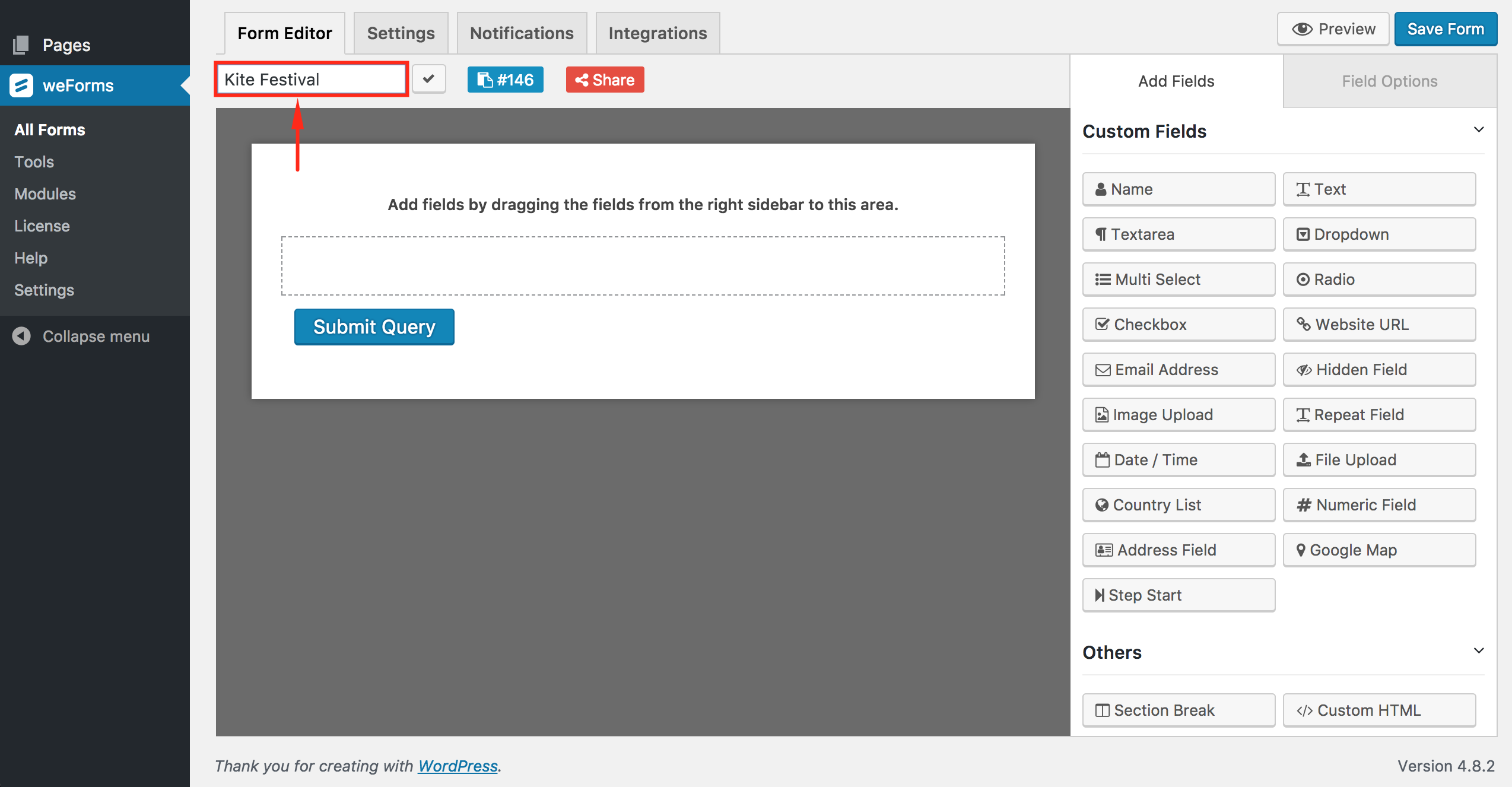 Naming a form in weForms- top Google forms alternative