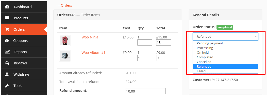 this is a screenshot of order refunded