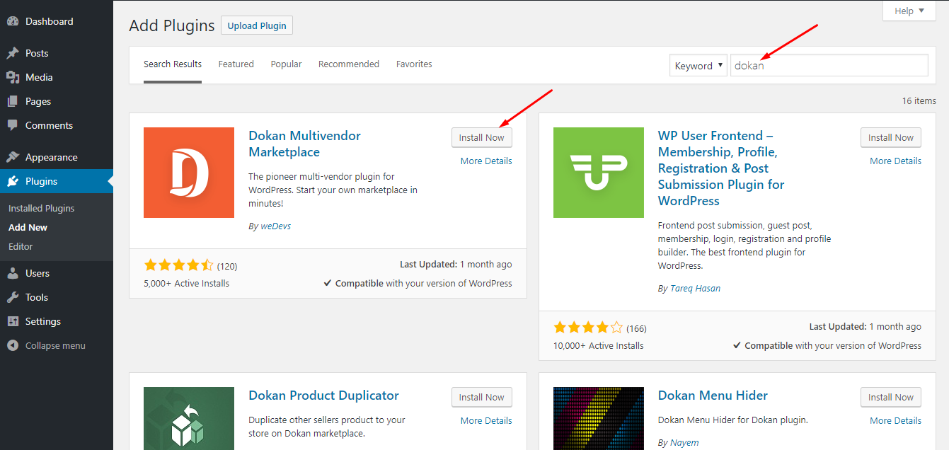 This is a screenshot that shows how to install and activate the Dokan plugin on a WordPress site. 