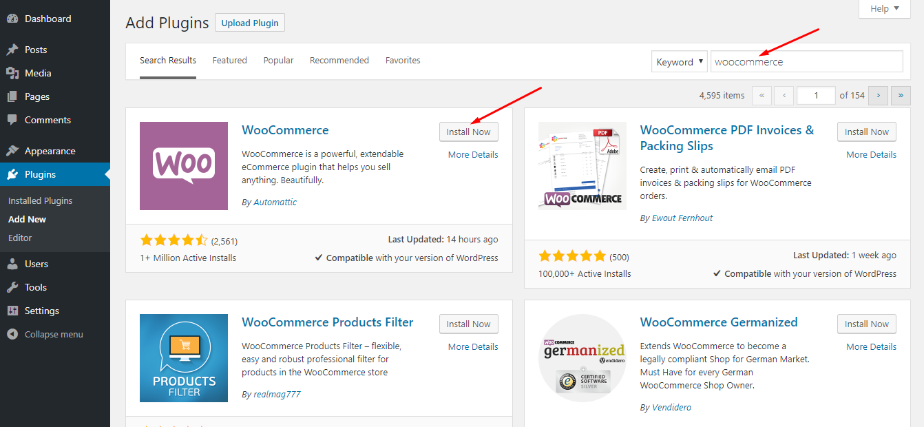 This is a screenshot that shows how to install WooCommerce on a WordPress site