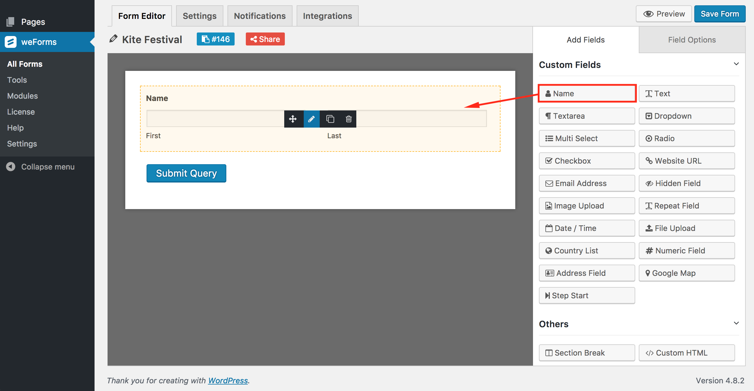 drag & drop form field feature in weforms