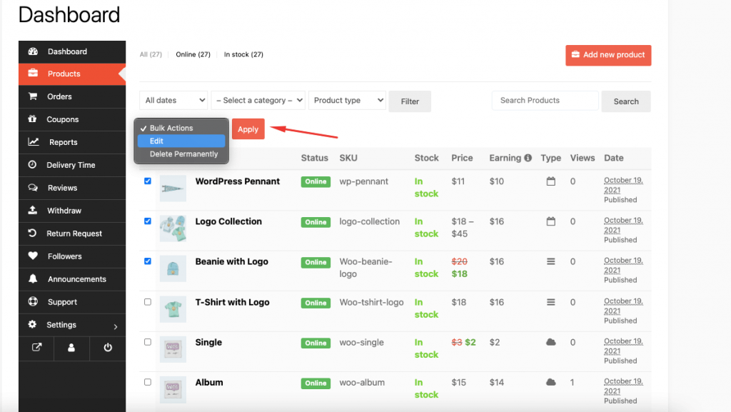 This image shows dokan product bulk edit