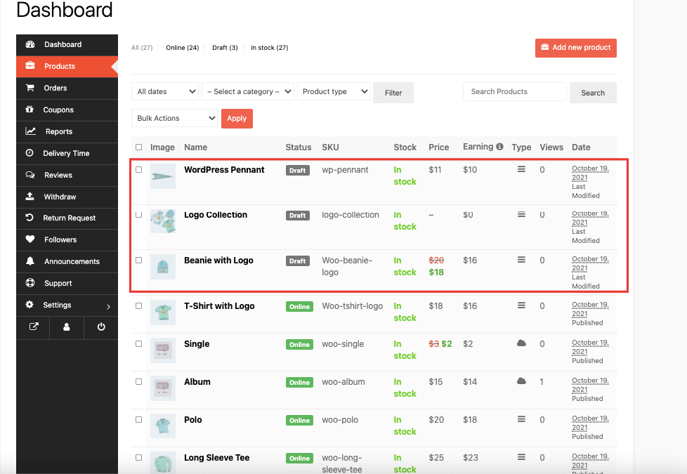 This image shows Dokan product list