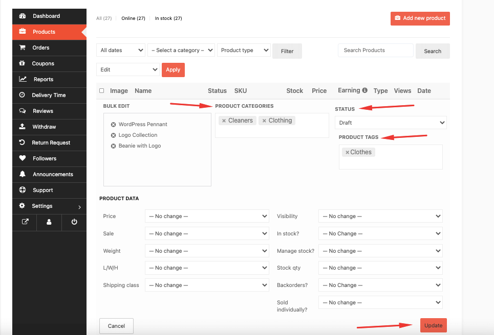 This image shows how to update product data