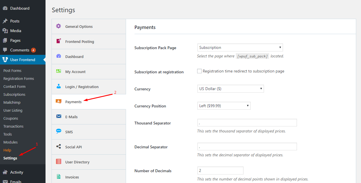 Payments settings