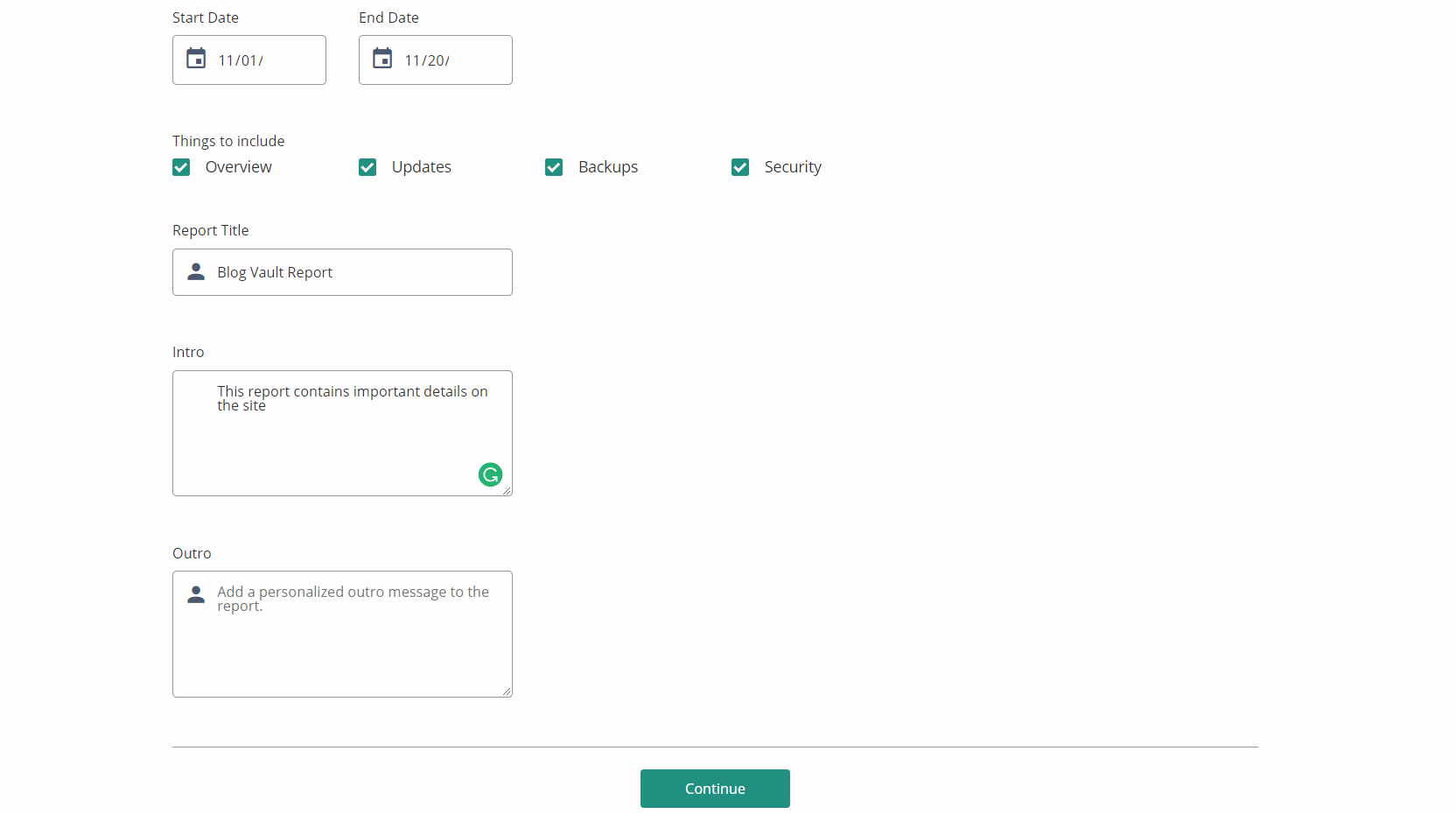 This image shows the report section of the BlogVault dashboard