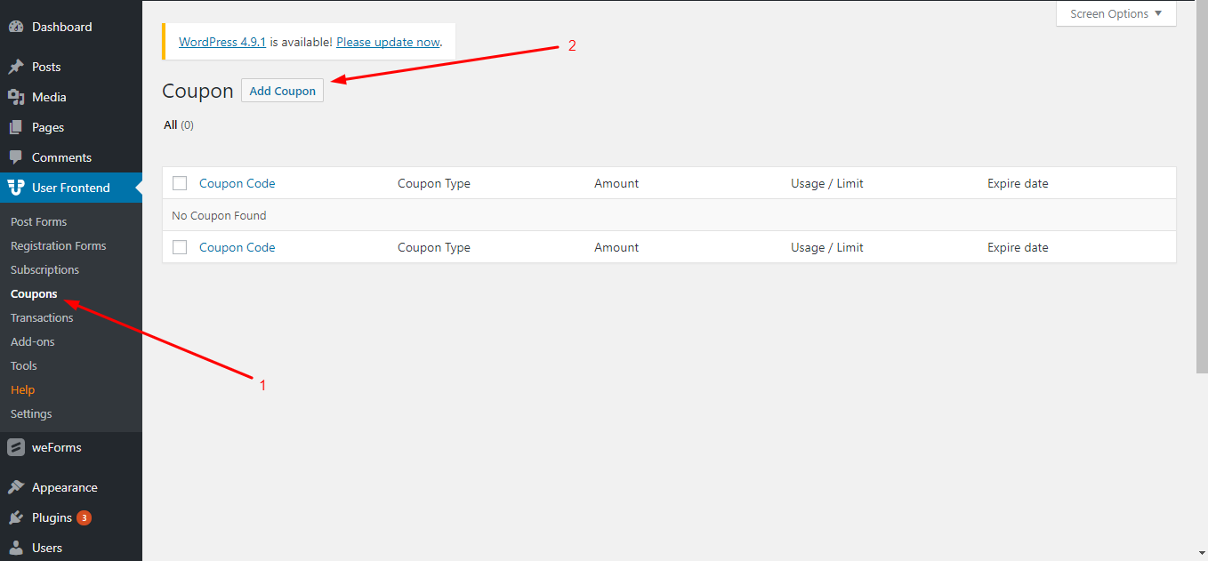 This image shows how to create coupons using WP frontend plugin