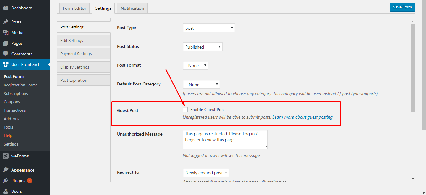 This image shows how to enable guest post using wp user frontend plugin 