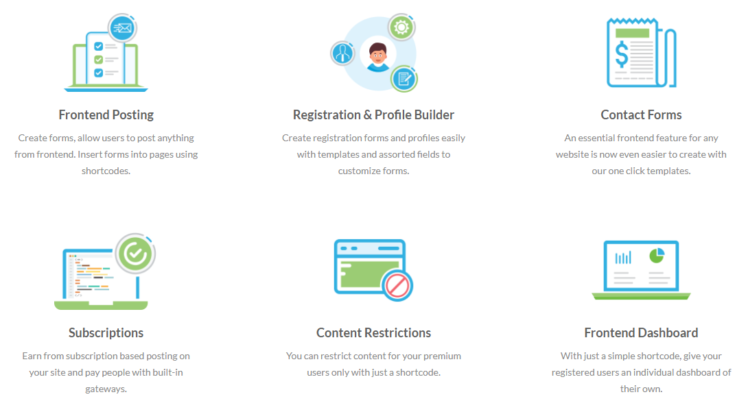 This image shows the main features of the WP user frontend plugin