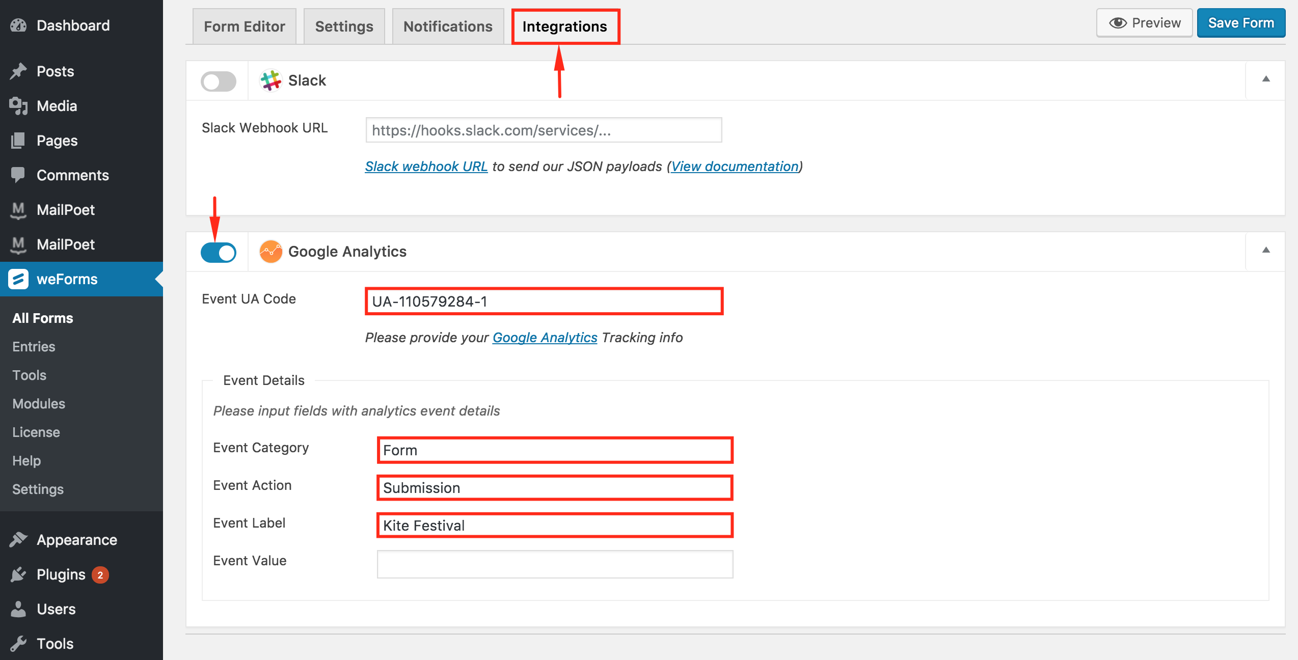 Configuring the form with analytics ID