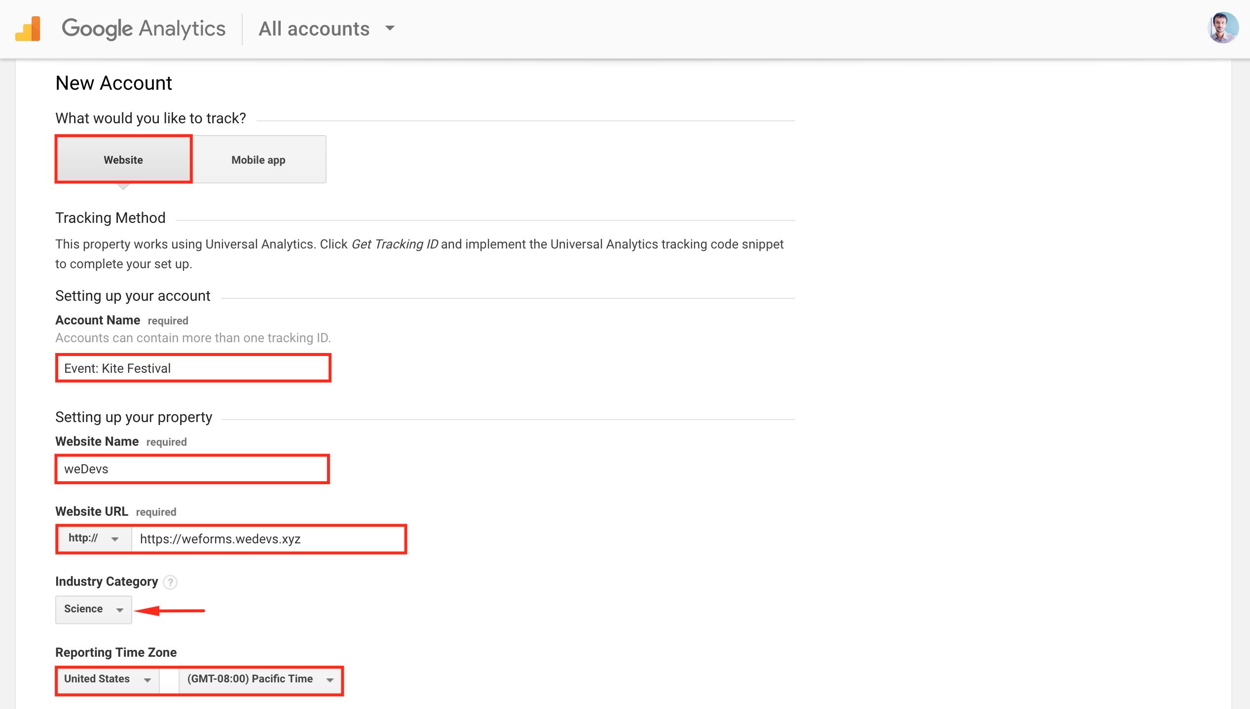 Creating new account for analytics