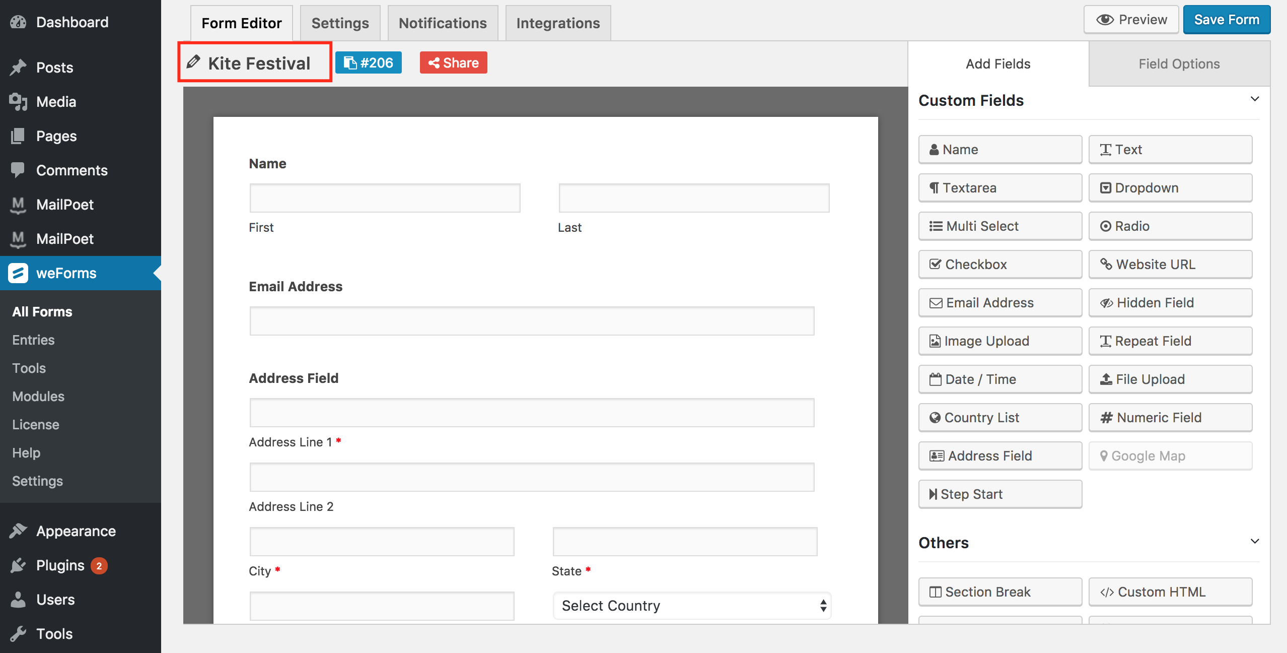 Creating new form on weForms