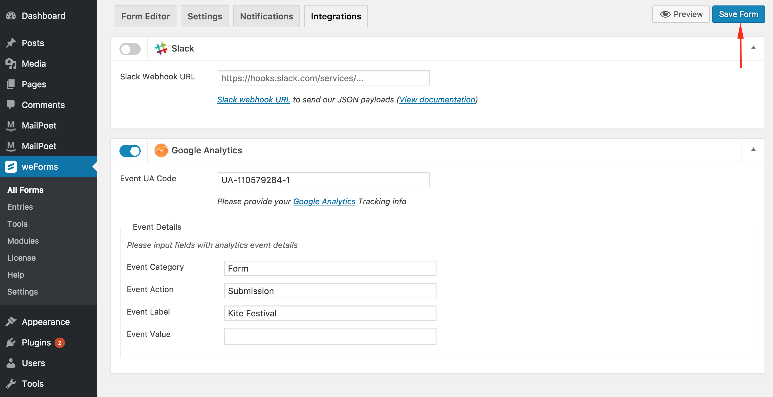 Save the form created with weForms