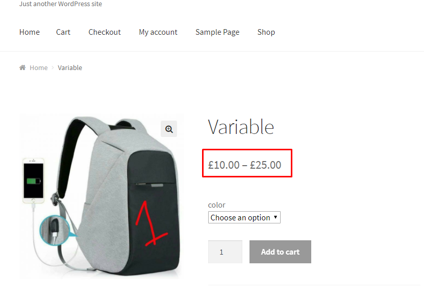 This image shows the price range of a WooCommerce variable product. 