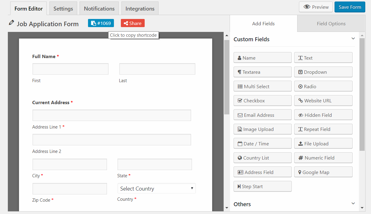 Web form id. Application form CV.