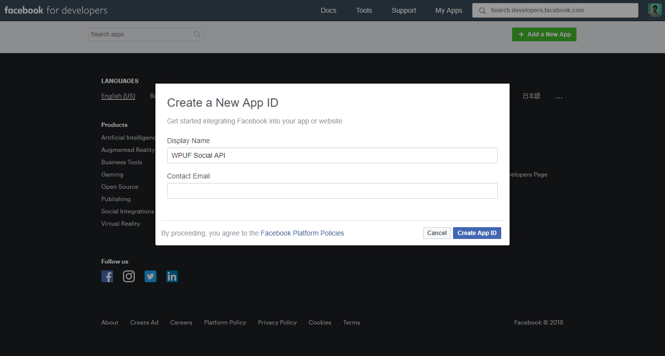 how to create a new Facebook App ID
