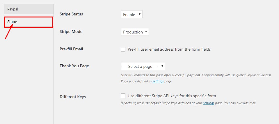 Stripe form setting