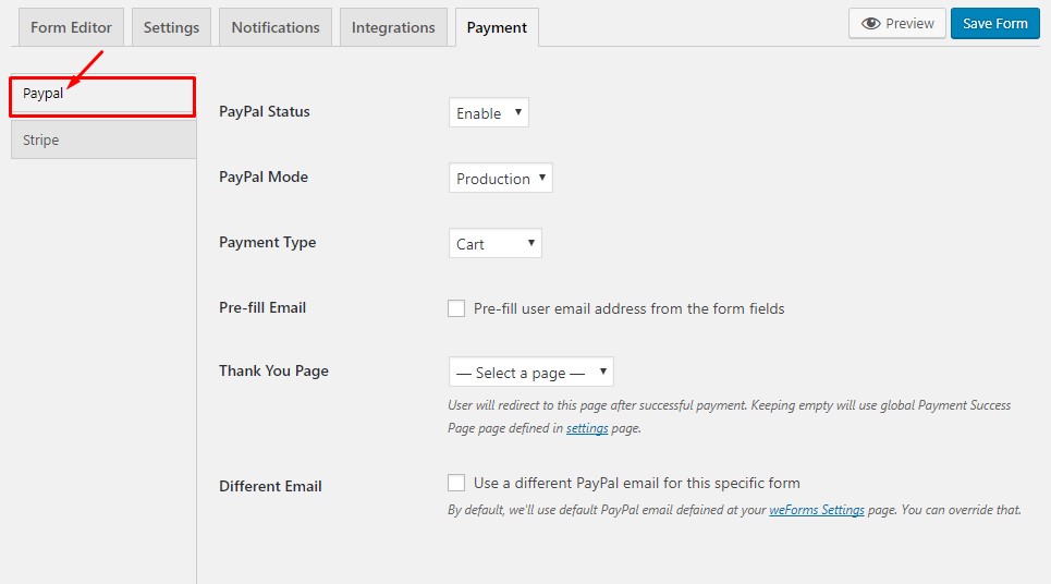 PayPal form setting