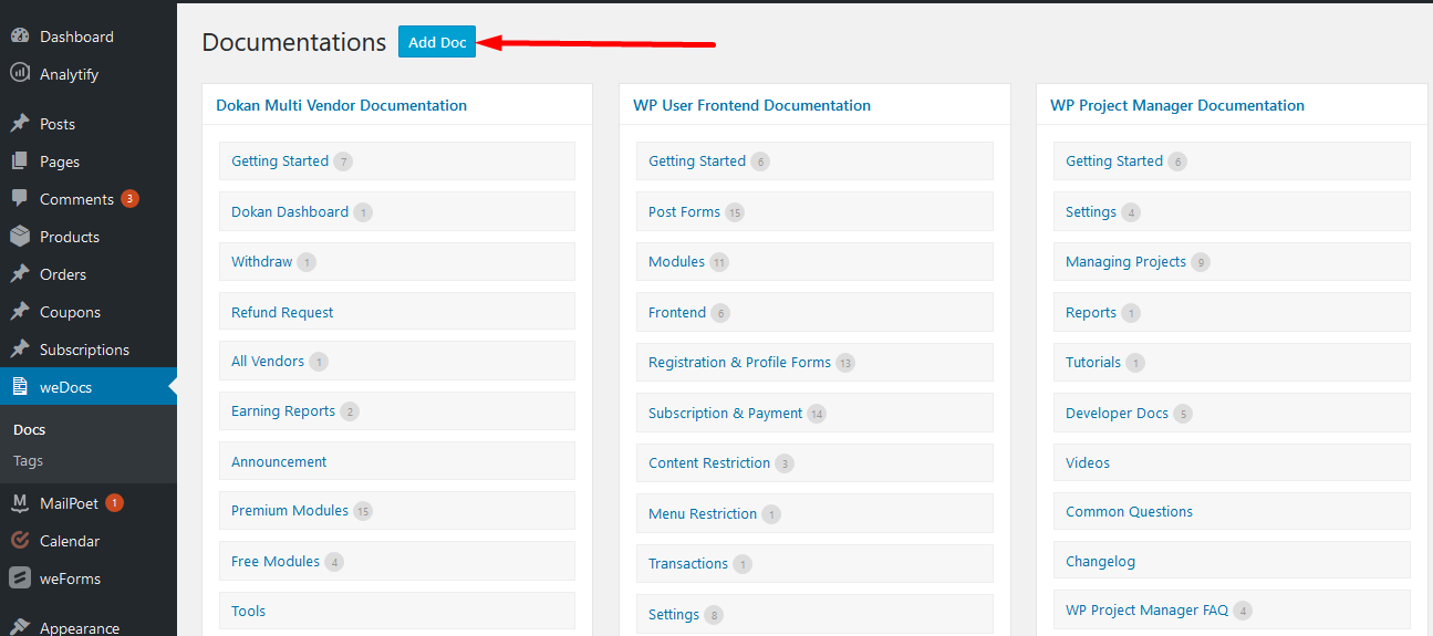 This is the backend view of the weDocs plugin