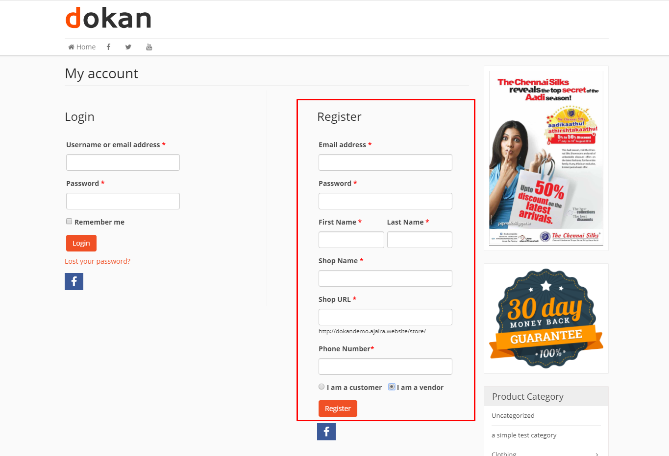 This is a screenshot of the Dokan vendor registration form 