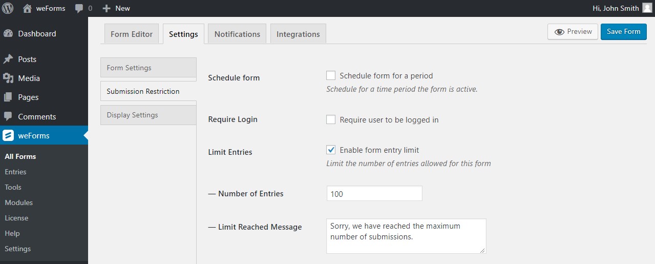 Form Entry Limitation