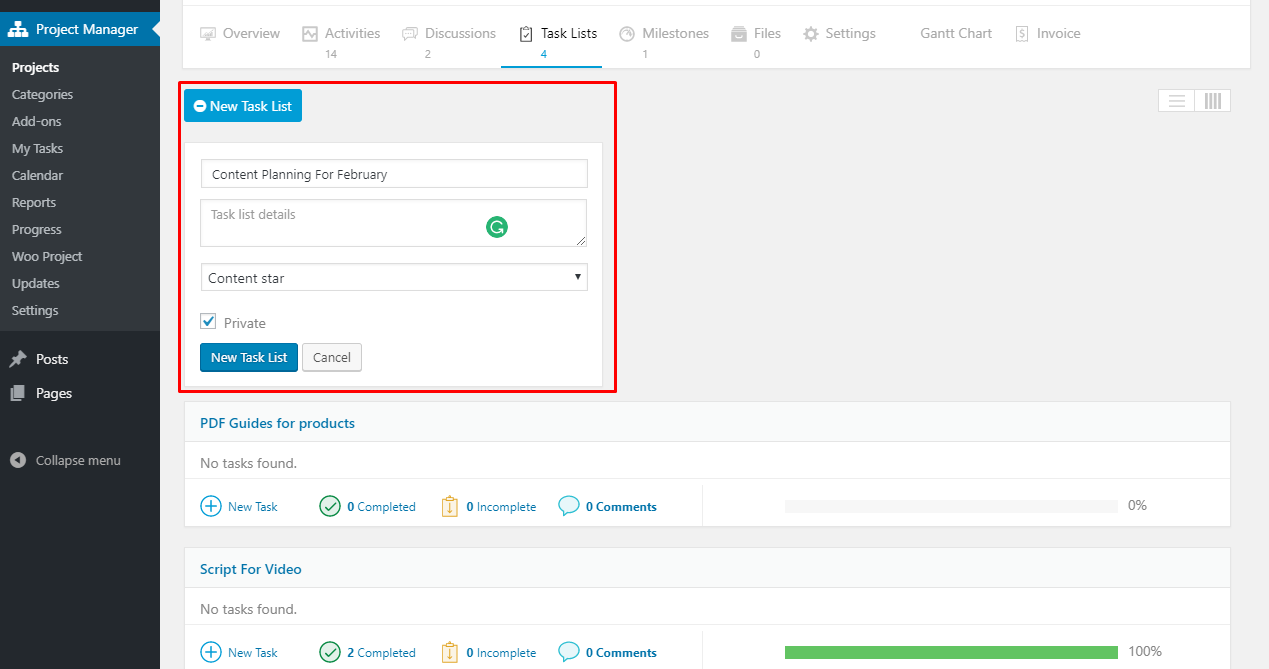 WordPress project manager task lists