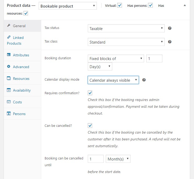 Admin General Settings of Bookable products