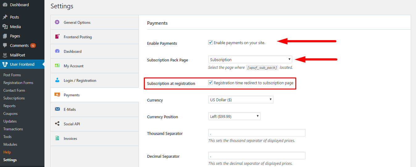 Configuration of WPUF Payments Settings