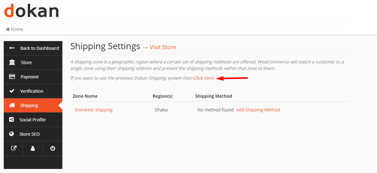 This is an image that shows Dokan old shipping method options