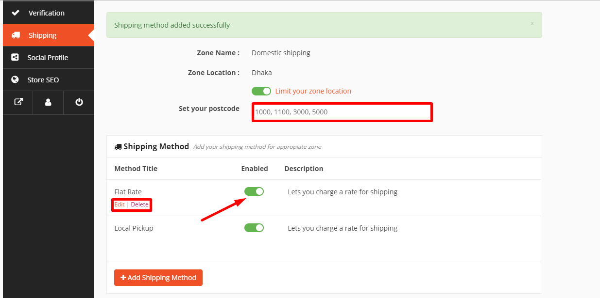 This image shows Dokan shipping configuration options