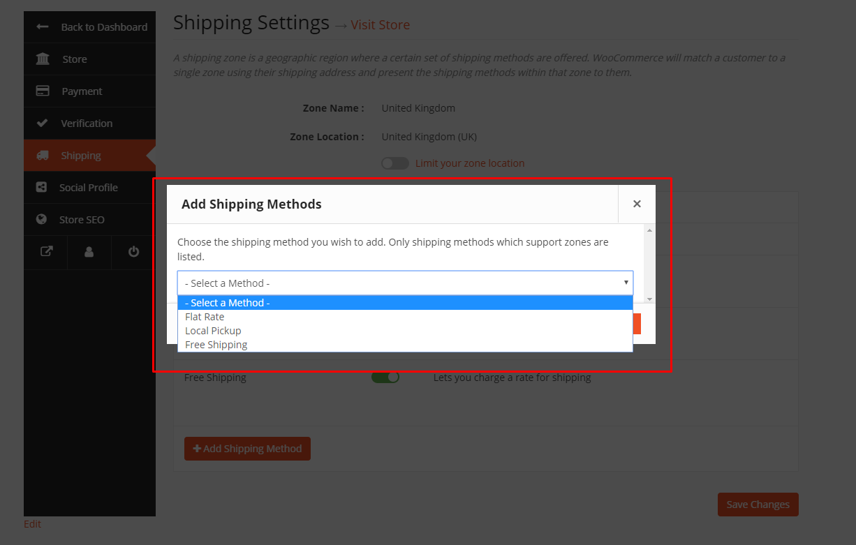 A screenshot from Dokan zone based shipping settings to add new shipping method
