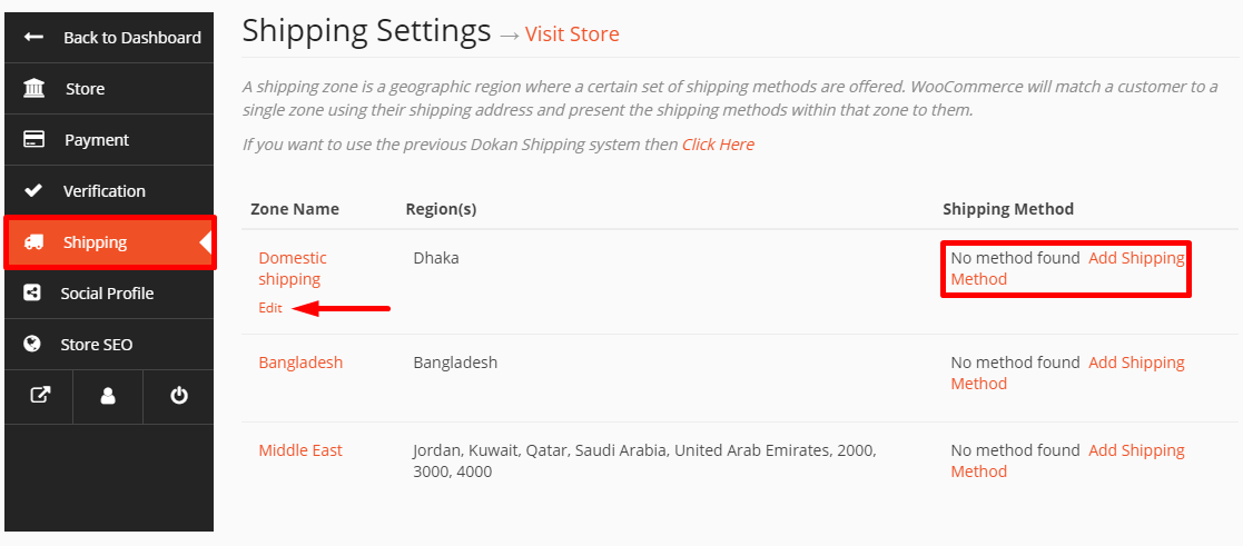 A screenshot of Dokan shipping settings