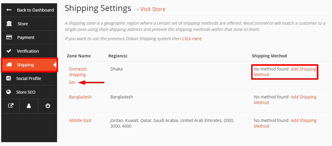 This image shows Dokan shipping on vendor dashboard