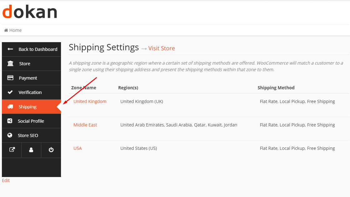 A screenshot of Dokan multivendor zone based vendor shipping settings